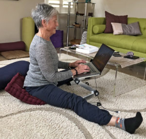 Joyce in wide v-sit on cushion on floor while working on computer
