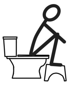 Stick figure drawing showing natural squatting position to help eliminate constipation