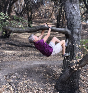 Joan climbing a tree
