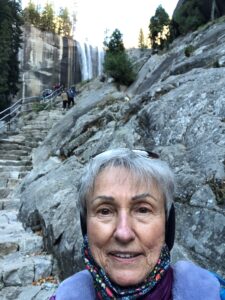 Joan at start of 600 steps to top with Vernal falls in the background